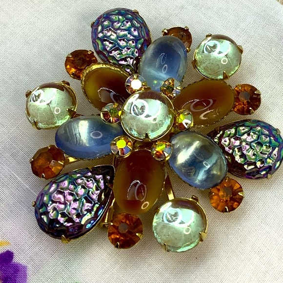 Antique Saphiret And Art Glass Brooch RARE Beauty - Picture 4 of 8